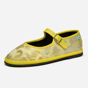 NWOB Piedaterre Venezia handmade Limone yellow jacquard Rubelli mary jane flats